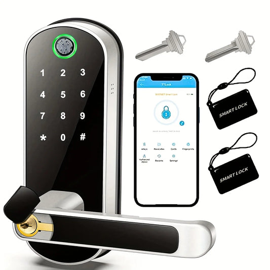 Smartes WLAN-Fingerabdruck-Türschloss mit App, NFC & Touchscreen – IP67 wasserdicht, 5-in-1 Zugangssystem, inkl. 2 IC-Karten & Notfall-USB