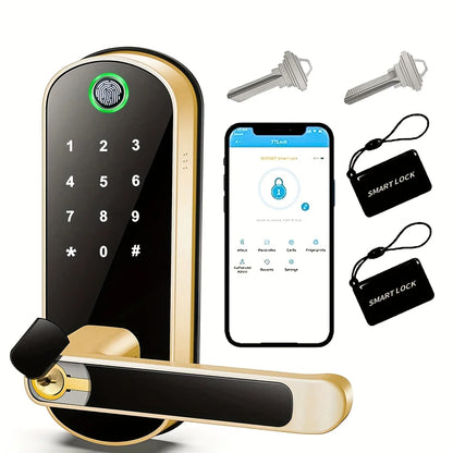 Smartes WLAN-Fingerabdruck-Türschloss mit App, NFC & Touchscreen – IP67 wasserdicht, 5-in-1 Zugangssystem, inkl. 2 IC-Karten & Notfall-USB