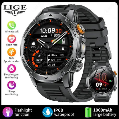 LIGE Smartwatch Men 2025 – 1000 mAh Battery, Outdoor, Bluetooth Call, Sports &amp; Flashlight