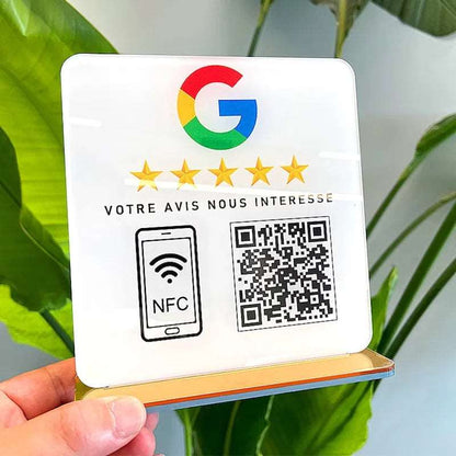 Bewertungsschild mit NFC & QR-Code zur Steigerung von Google-Bewertungen und Kundenfeedback.