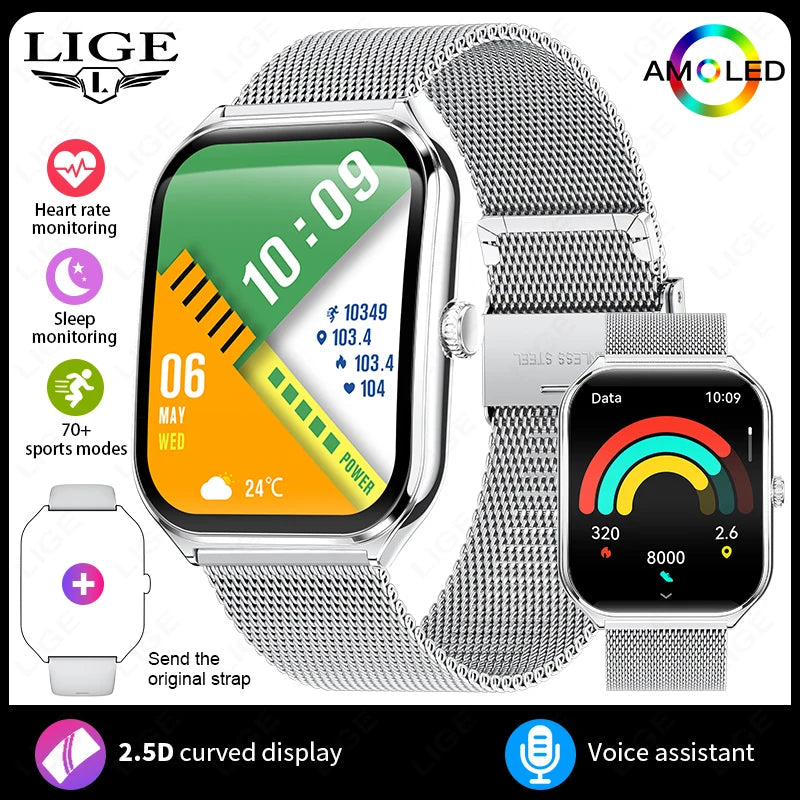 LIGE Smartwatch 2025 – 1,96" AMOLED HD, Bluetooth-Anruf, Fitness & Gesundheit für Herren & Damen | Taggytech