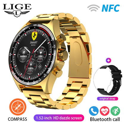 ساعة LIGE الذكية NFC مع نظام تحديد المواقع العالمي (GPS) ومكالمات بلوتوث وبوصلة - شاشة AMOLED مقاس 1.52 بوصة، مقاومة للماء IP68، أكثر من 50 وضعًا رياضيًا، ومساعد صوتي SOS