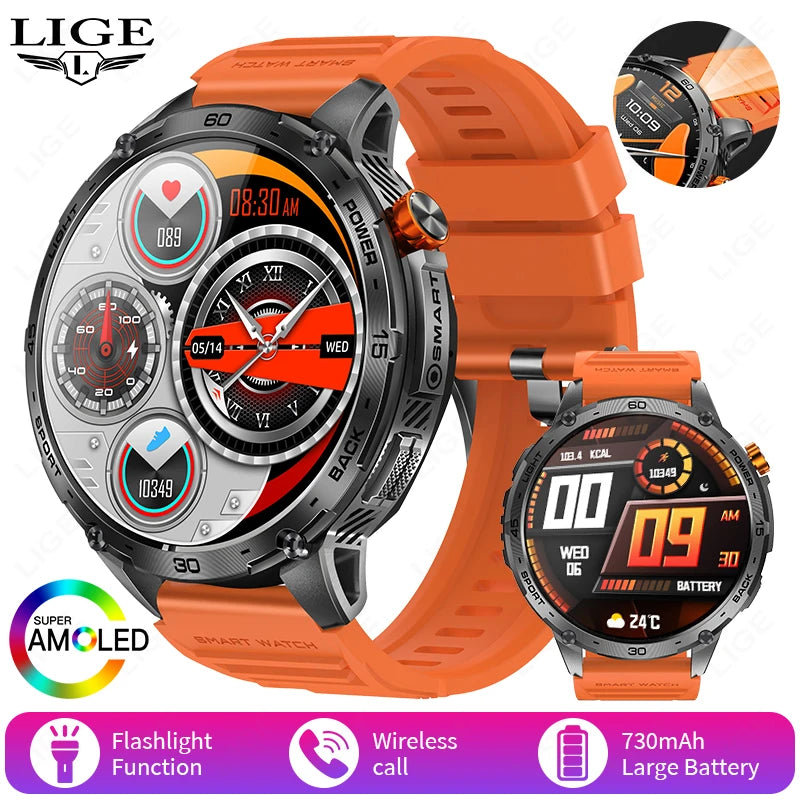 LIGE 2025 Militär Outdoor Smartwatch Herren – 1,75" AMOLED HD, 730 mAh Akku, Taschenlampe, 3ATM Wasserdicht | Taggytech