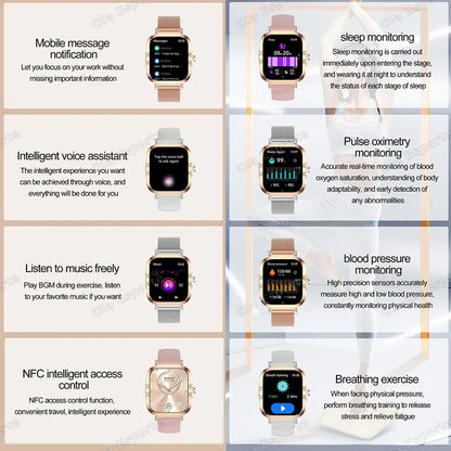 ساعة ذكية NFC 2025 - شاشة AMOLED مقاس 1.75 بوصة، تدعم البلوتوث وتتبع المكالمات والصحة