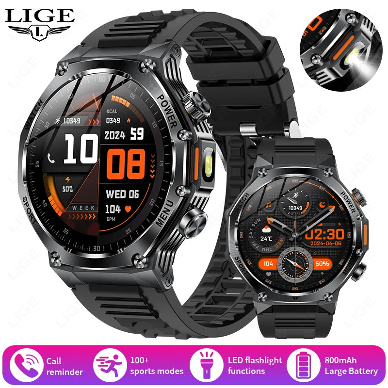LIGE Smartwatch Herren 2025 – Militär Outdoor, 1,8" HD AMOLED, 800 mAh Batterie, Herzfrequenz & Bluetooth-Anruf, Sport-Smartwatch für Android & iOS