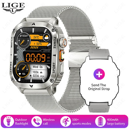 LIGE 2025 Premium Military Smartwatch Men – Outdoor Sports Tracker, Bluetooth Call, Flashlight, IP68 Waterproof, 400 mAh Battery