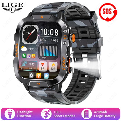 LIGE Militärische Smartwatch 2025 – Wasserdicht, Outdoor Sport Tracker, LED-Taschenlampe, Bluetooth-Anruf | Taggytech