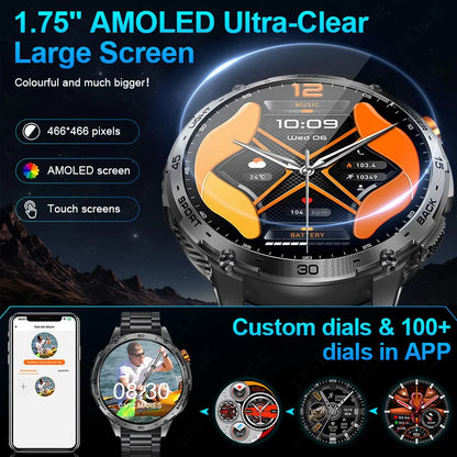 LIGE 2025 Militär Outdoor Smartwatch Herren – 1,75" AMOLED HD, 730 mAh Akku, Taschenlampe, 3ATM Wasserdicht | Taggytech