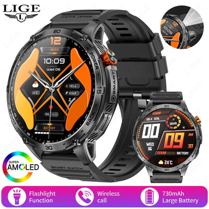LIGE 2025 Militär Outdoor Smartwatch Herren – 1,75" AMOLED HD, 730 mAh Akku, Taschenlampe, 3ATM Wasserdicht | Taggytech