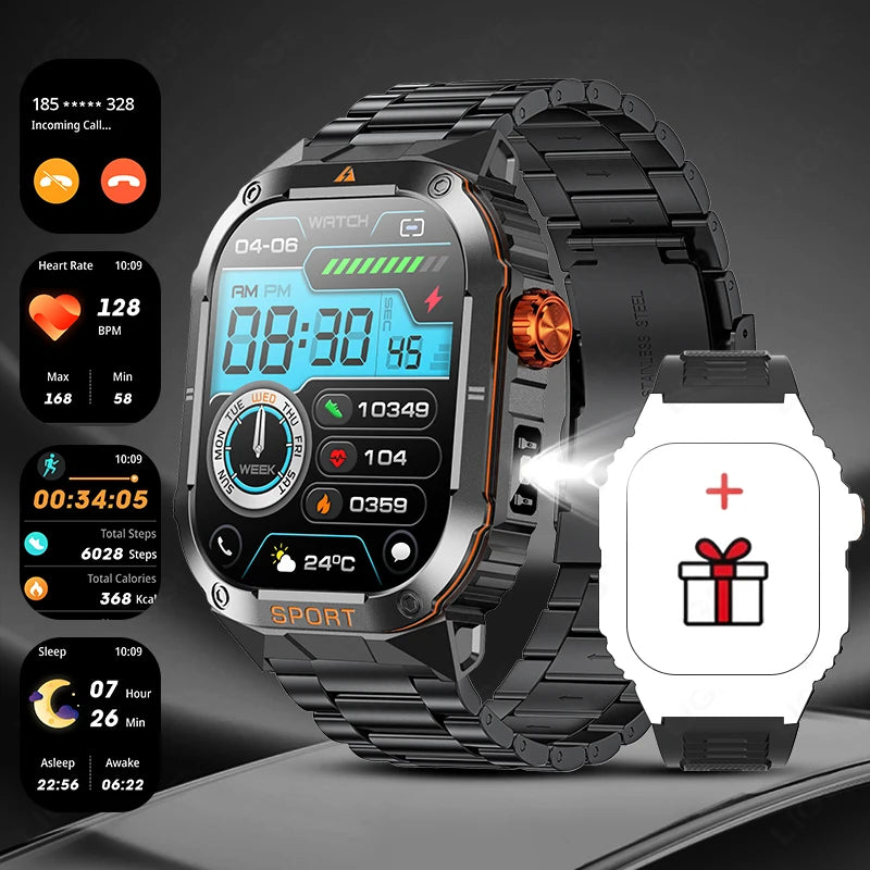 LIGE 2025 Professionelle Sport Smartwatch Herren – Outdoor Wasserdicht, LED-Taschenlampe, Bluetooth Anruf, 2,01" HD Display | Taggytech