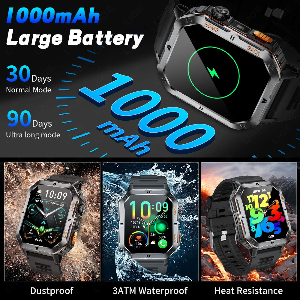 LIGE 2025 Outdoor Smartwatch Herren – 2,01" HD Display, 1000mAh Akku, 3ATM Wasserdicht, Sport & Fitness | Taggytech