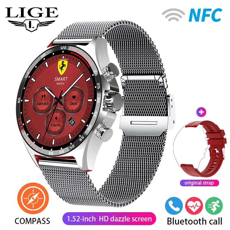 ساعة LIGE الذكية NFC مع نظام تحديد المواقع العالمي (GPS) ومكالمات بلوتوث وبوصلة - شاشة AMOLED مقاس 1.52 بوصة، مقاومة للماء IP68، أكثر من 50 وضعًا رياضيًا، ومساعد صوتي SOS