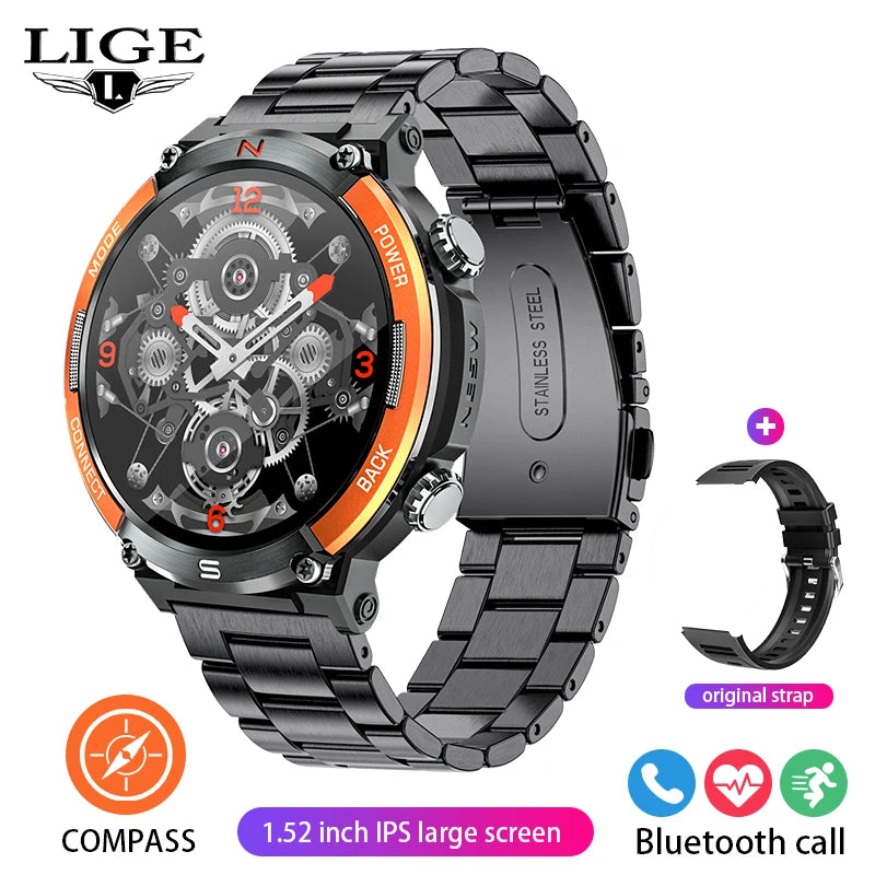 LIGE 2024 Outdoor Smartwatch for Men – Bluetooth Call, Compass, Fitness & Health Monitor, IP68 Waterproof, 1.52" IPS Display