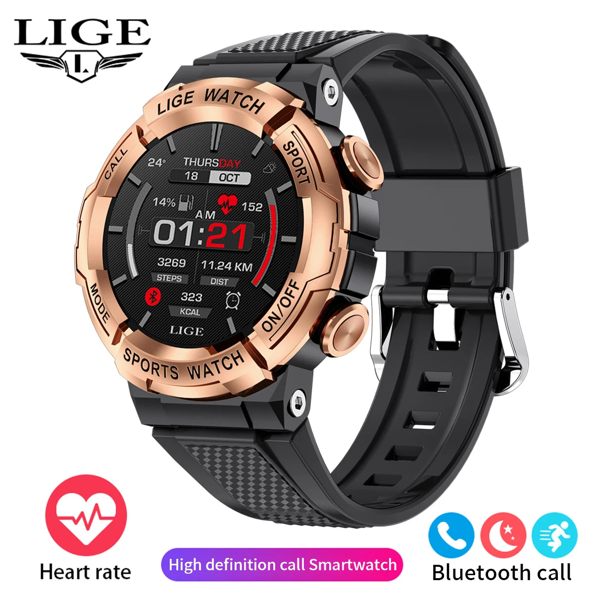 LIGE 2024 Outdoor Smartwatch for Men – Bluetooth Call, Compass, Fitness & Health Monitor, IP68 Waterproof, 1.52" IPS Display