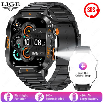 LIGE Militärische Smartwatch 2025 – Wasserdicht, Outdoor Sport Tracker, LED-Taschenlampe, Bluetooth-Anruf | Taggytech