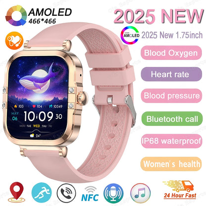 ساعة ذكية NFC 2025 - شاشة AMOLED مقاس 1.75 بوصة، تدعم البلوتوث وتتبع المكالمات والصحة