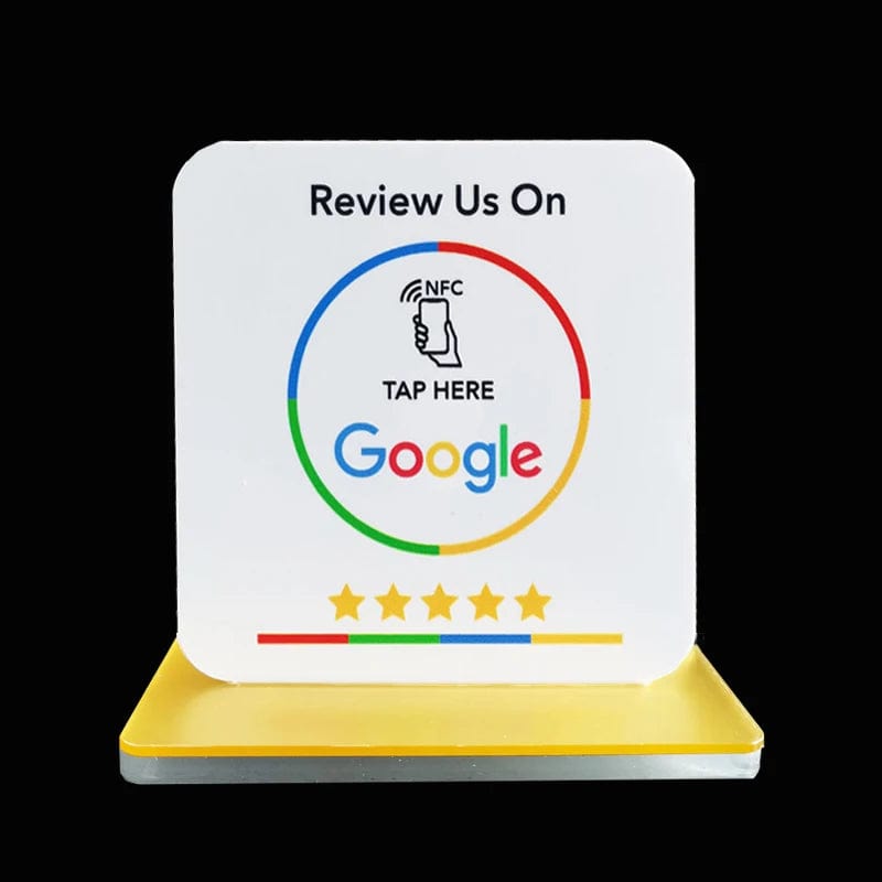 NFC-fähiges Google-Bewertungsschild zur Förderung von Bewertungen und Feedback von Kunden.