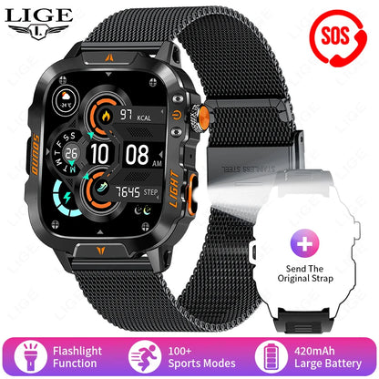 LIGE Militärische Smartwatch 2025 – Wasserdicht, Outdoor Sport Tracker, LED-Taschenlampe, Bluetooth-Anruf | Taggytech