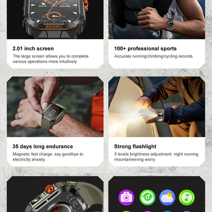 LIGE 2025 Professionelle Sport Smartwatch Herren – Outdoor Wasserdicht, LED-Taschenlampe, Bluetooth Anruf, 2,01" HD Display | Taggytech