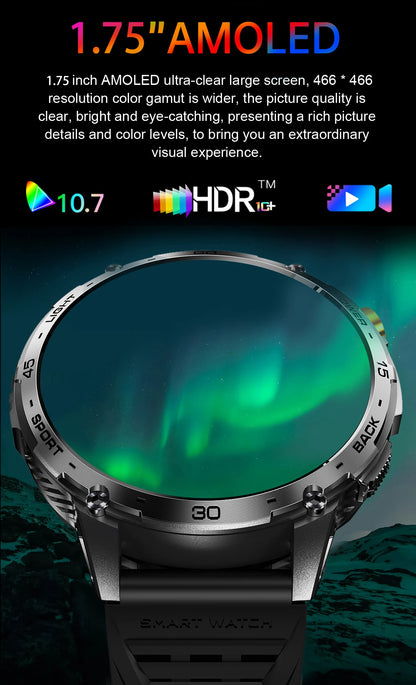 LIGE 2025 Militär Outdoor Smartwatch Herren – 1,75" AMOLED HD, 730 mAh Akku, Taschenlampe, 3ATM Wasserdicht | Taggytech