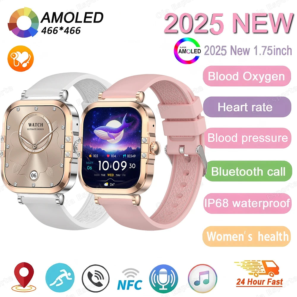 ساعة ذكية NFC 2025 - شاشة AMOLED مقاس 1.75 بوصة، تدعم البلوتوث وتتبع المكالمات والصحة