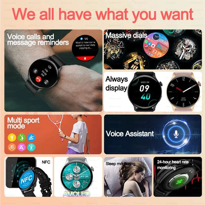 ساعة ذكية نسائية NFC 2024 - شاشة AMOLED مقاس 1.43 بوصة، GPS وبلوتوث للاتصال